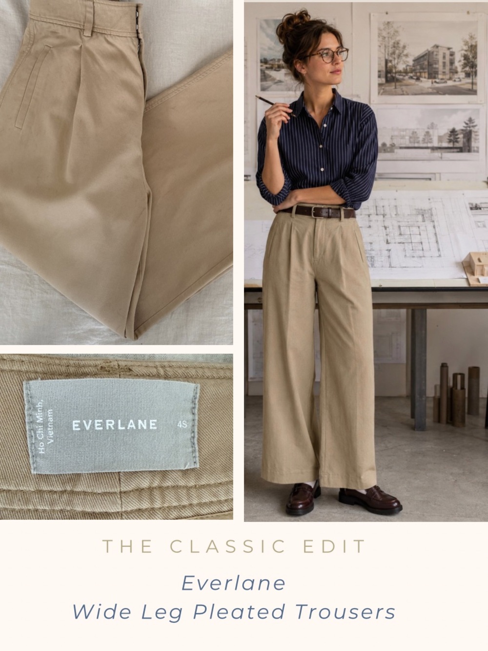 Everlane Wide-Leg Pleated Trousers in Khaki